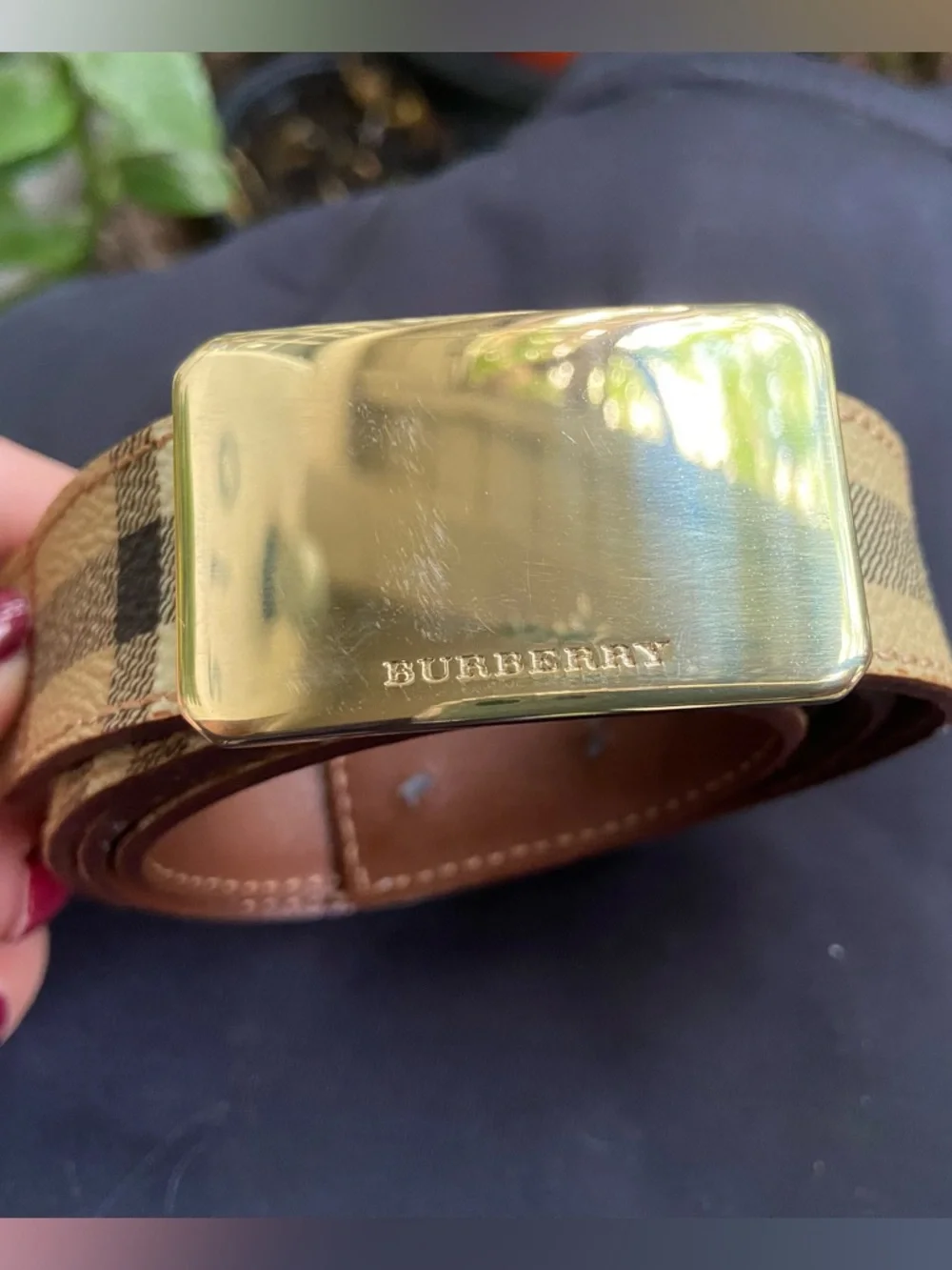 Burberry Vintage Beige Tan Check Canvas Belt with Gold Buckle. Unisex - Picture 2 of 9